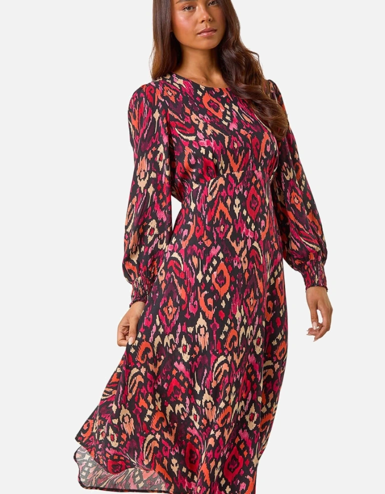 Petite Abstract Print Shirred Cuff Midi Dress