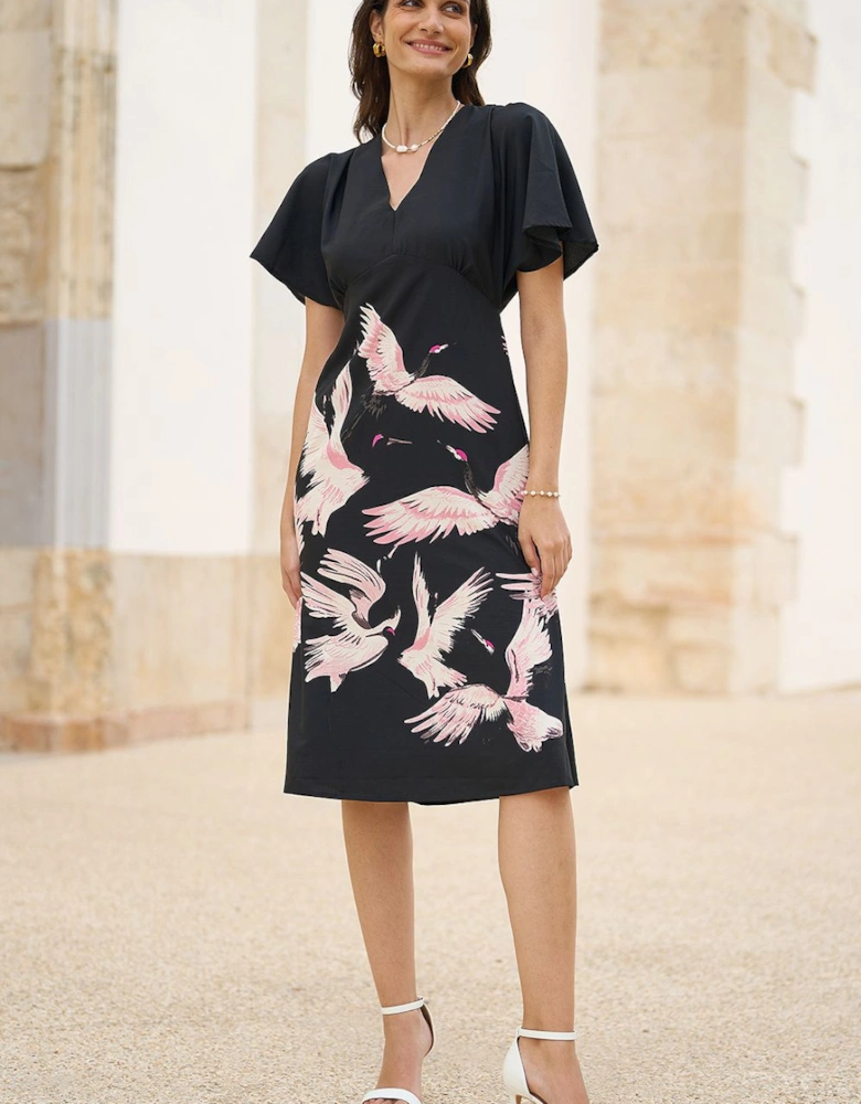 Black Fabric Crane Print Kimono Midi Dress