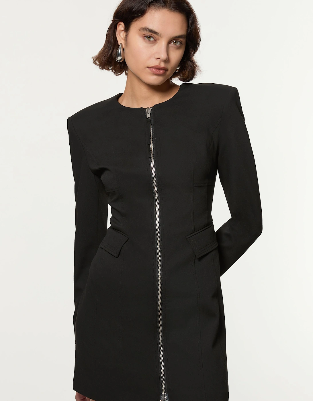 Tailored Viscose Zip Through Multi Stitch Mini Dress, 2 of 1