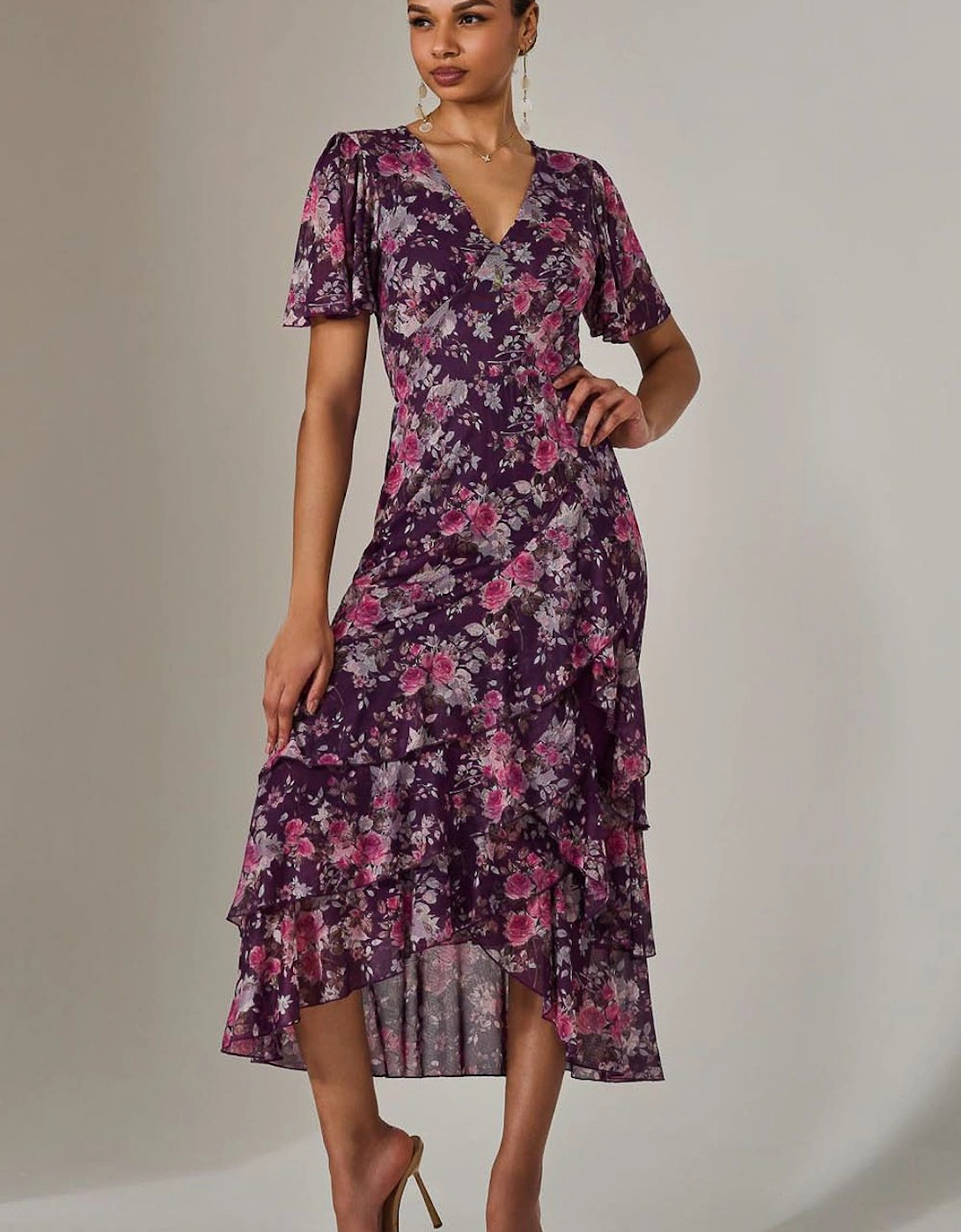 Mesh Print Frill Hem Midaxi Dress, 2 of 1
