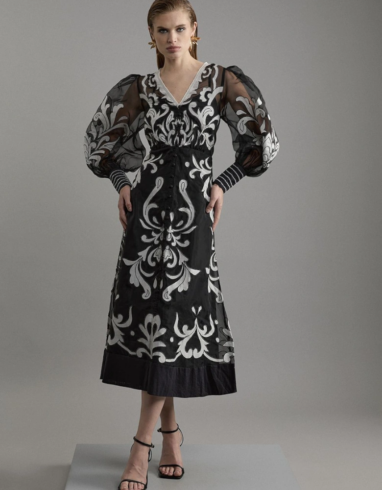 Applique Organdie Buttoned Woven Maxi Dress