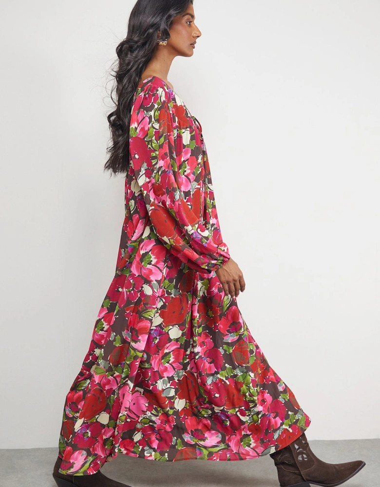 Chiffon Tie Front Volume Midi Smock Dress