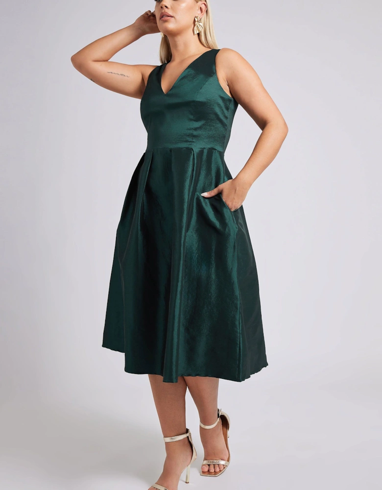 Pleated V-Neck Midi Prom Dress