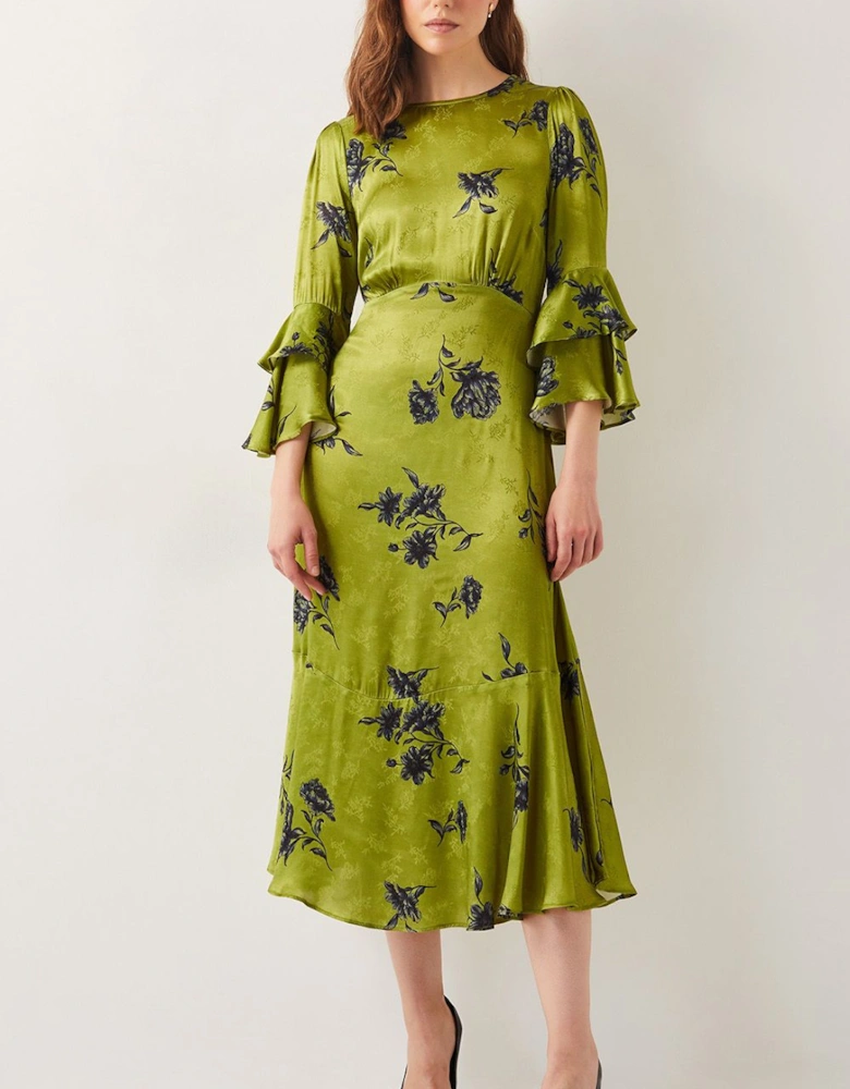 Pelia Satin Ruffle Midi Dress Green