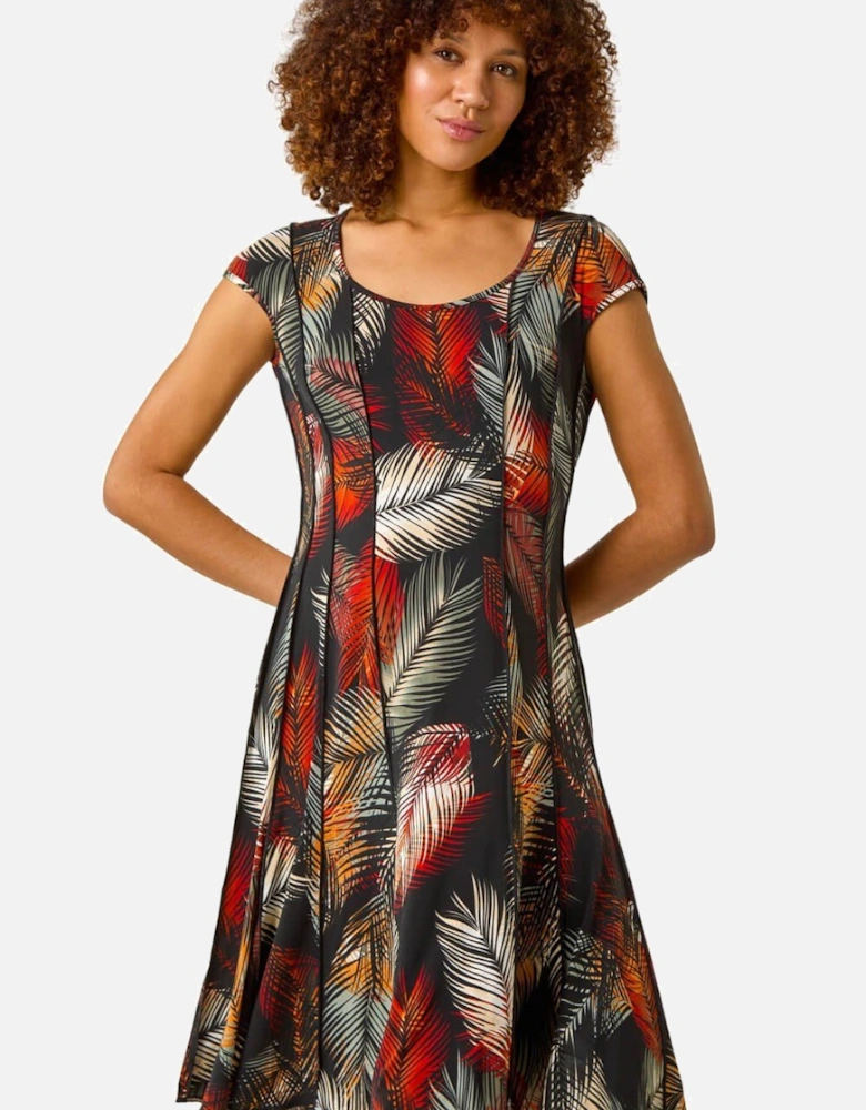 Palm Print Panel Detail Stretch Dress