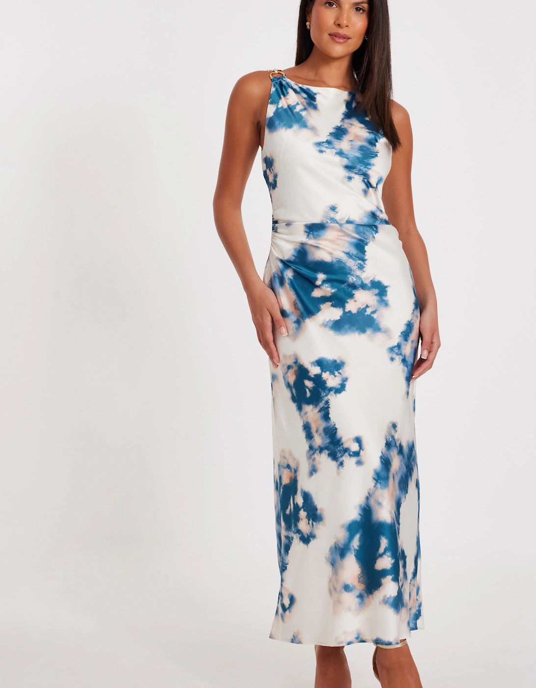 Blue Satin Marble Print Midaxi Dress, 2 of 1