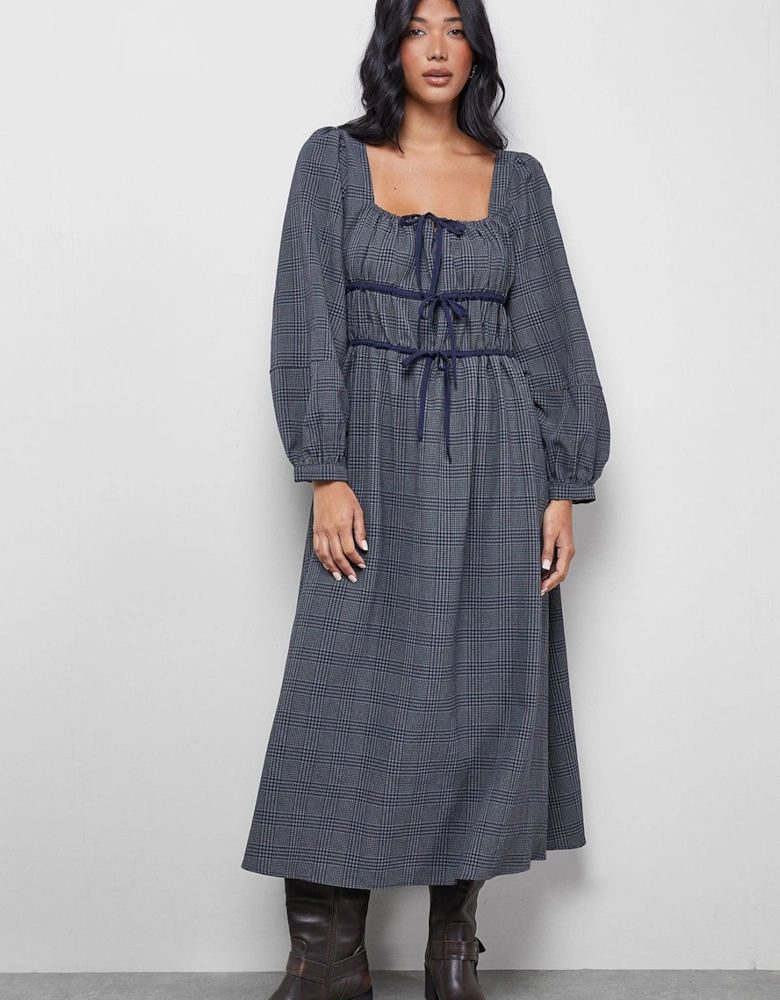 Check Tie Front Square Midi Dress