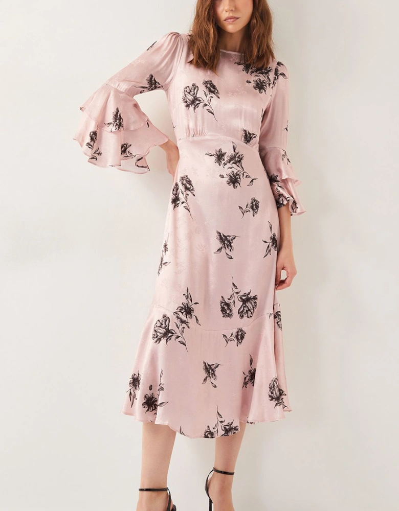Pelia Floral Satin Ruffle Midi Dress Pink