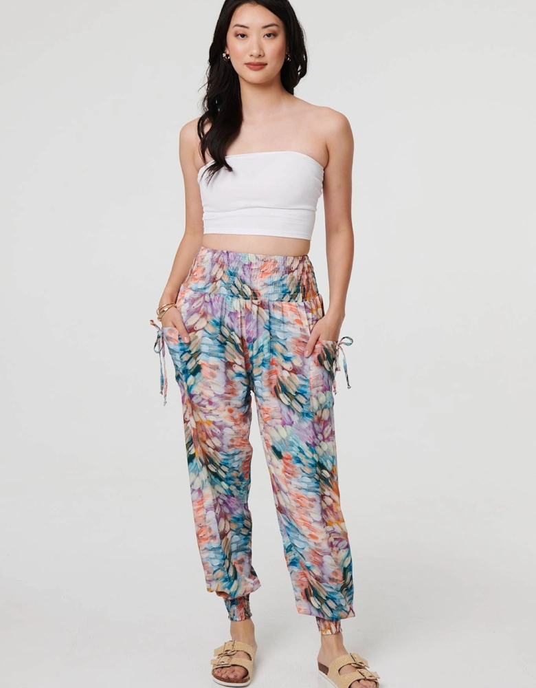 Printed High Waist Shirred Harem Pants