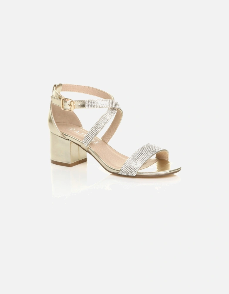 Mid Block Heel Crossed Straps Diamante Heeled Sandals