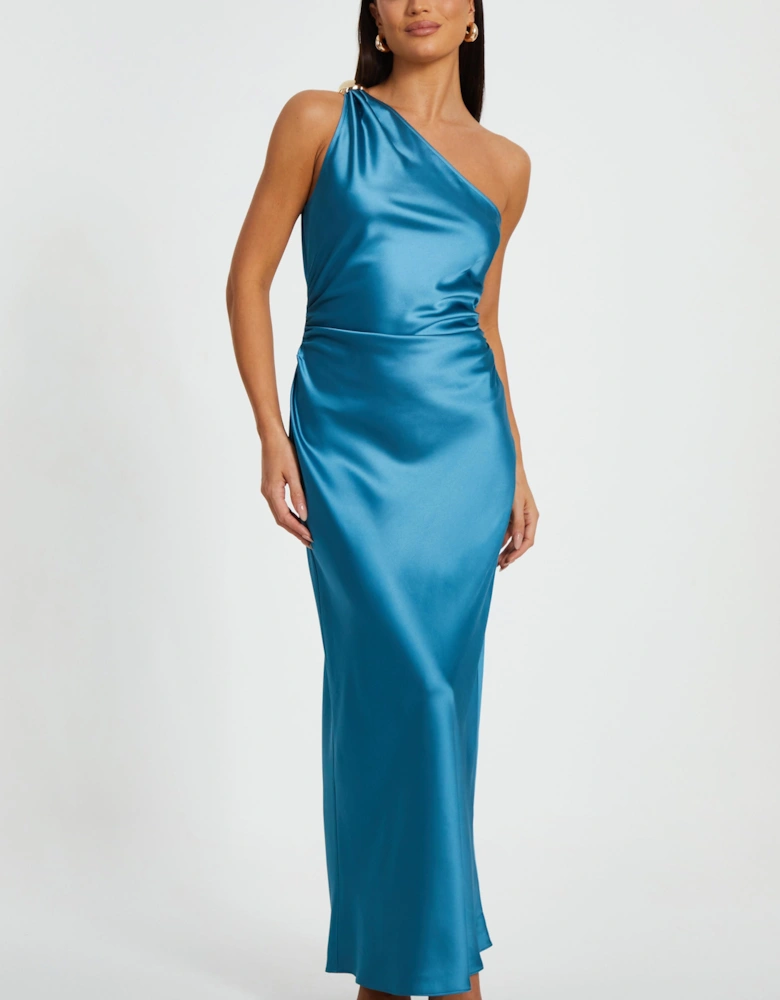 Teal Satin One Shoulder Midaxi Dress