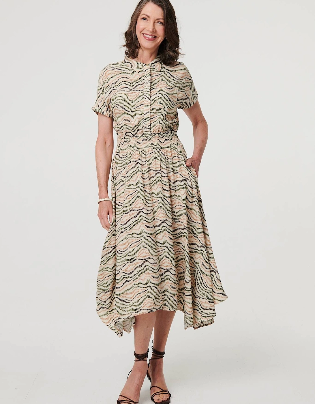 Printed Short Sleeve Shirred Midi Dress, 2 of 1