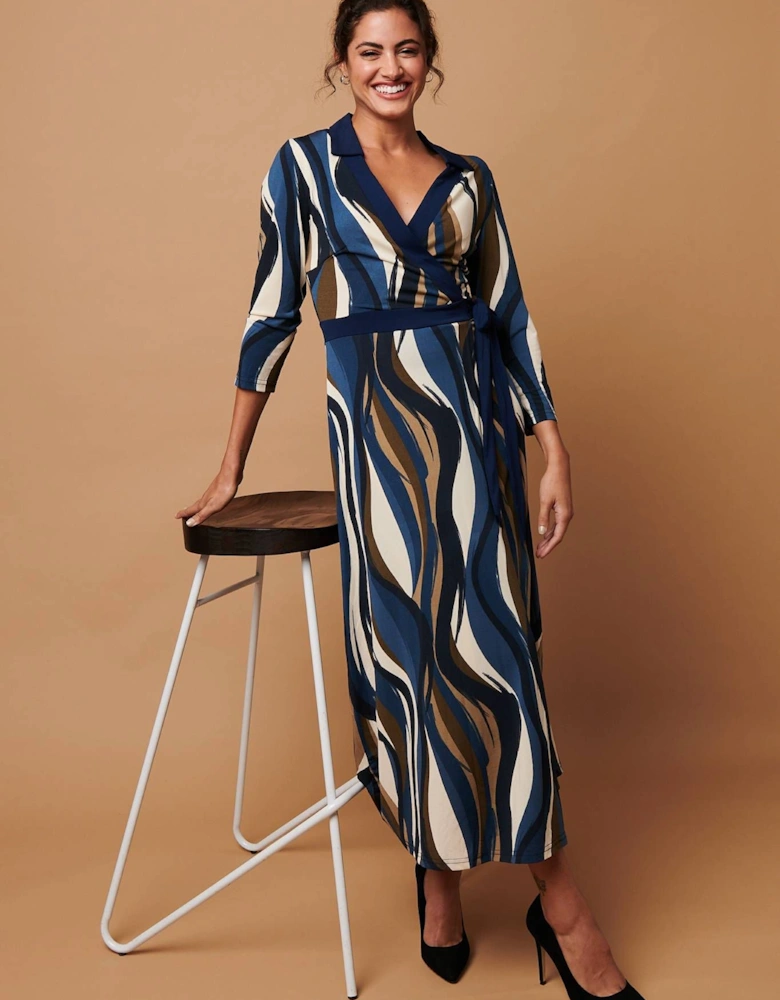 Striped 3/4 Sleeve Midi Wrap Dress