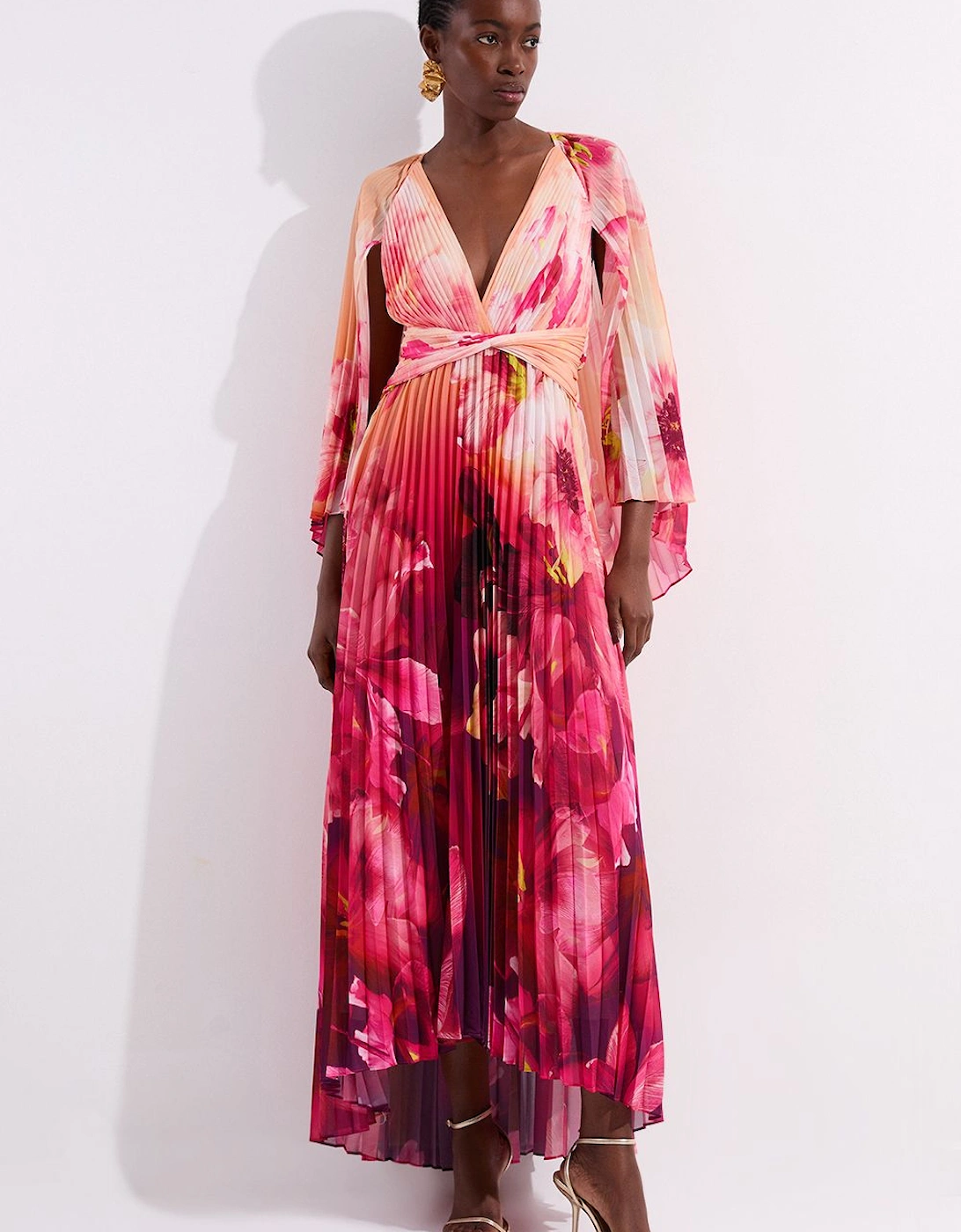 Petite Ombre Floral Soft Pleated Woven Maxi With Cape Detail, 2 of 1