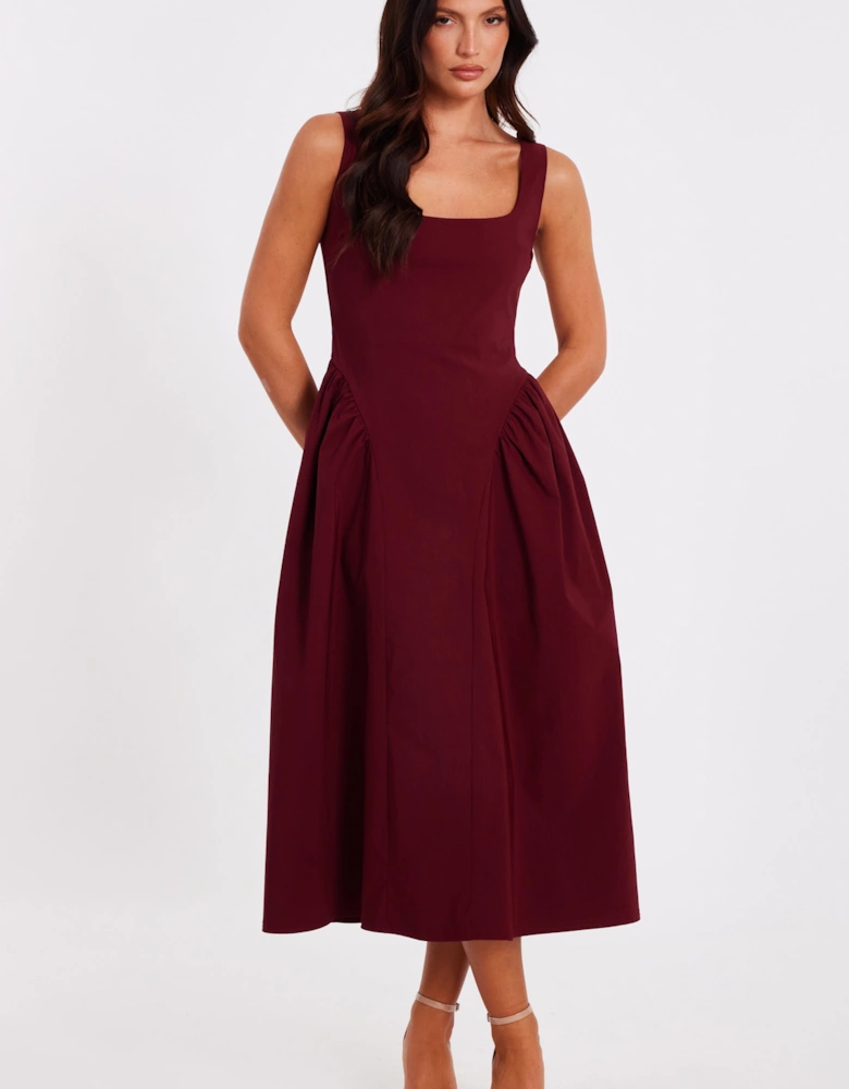 Wine Gathered Side Midi Dress