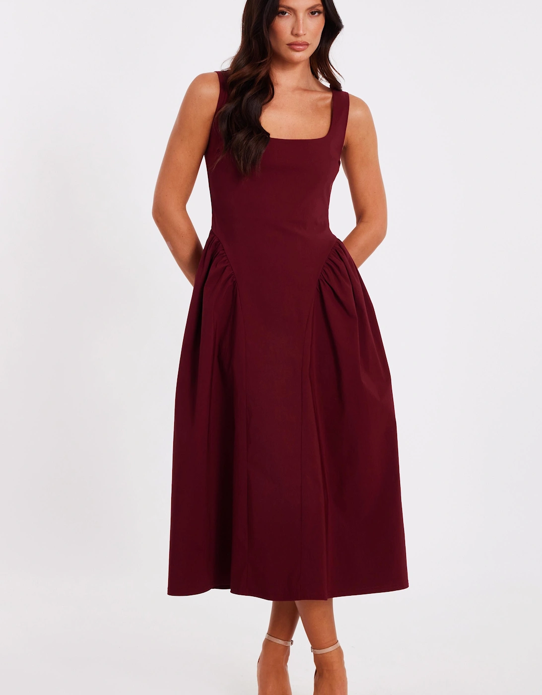 Wine Gathered Side Midi Dress, 2 of 1