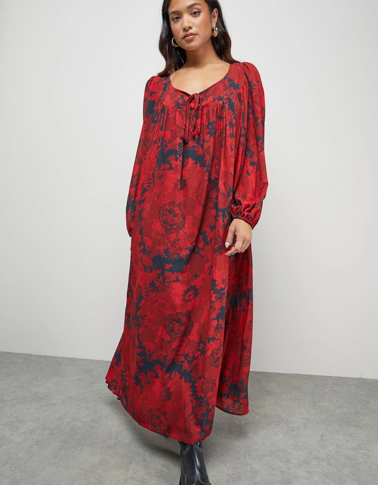 Petite Chiffon Tie Front Volume Midi Smock Dress