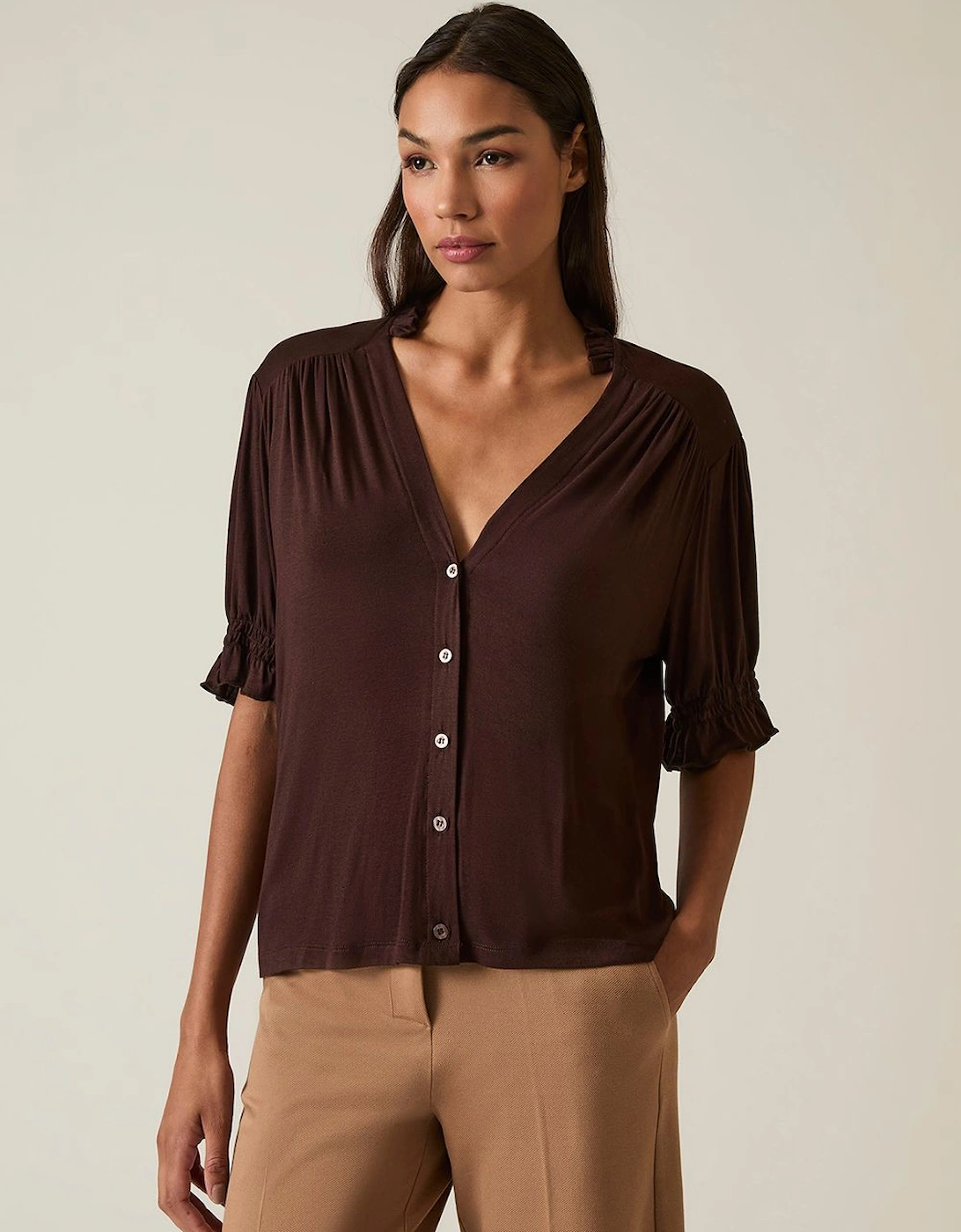 Brown V-neck Jersey Blouse, 2 of 1