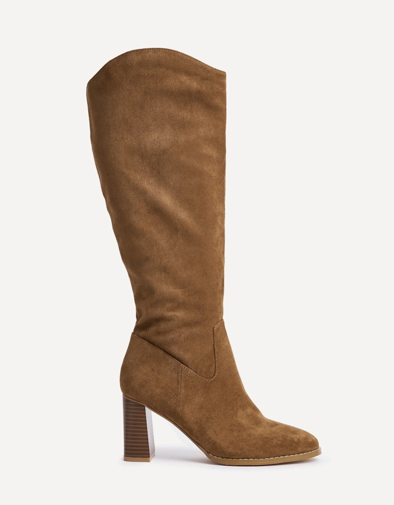Rodeo Tan Faux Suede Western Long Block Heeled Boot