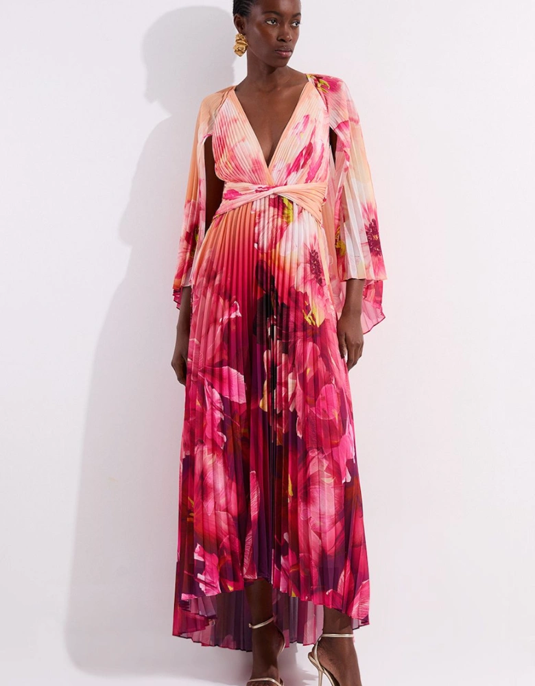 Ombre Floral Soft Pleated Woven Maxi With Cape Detail