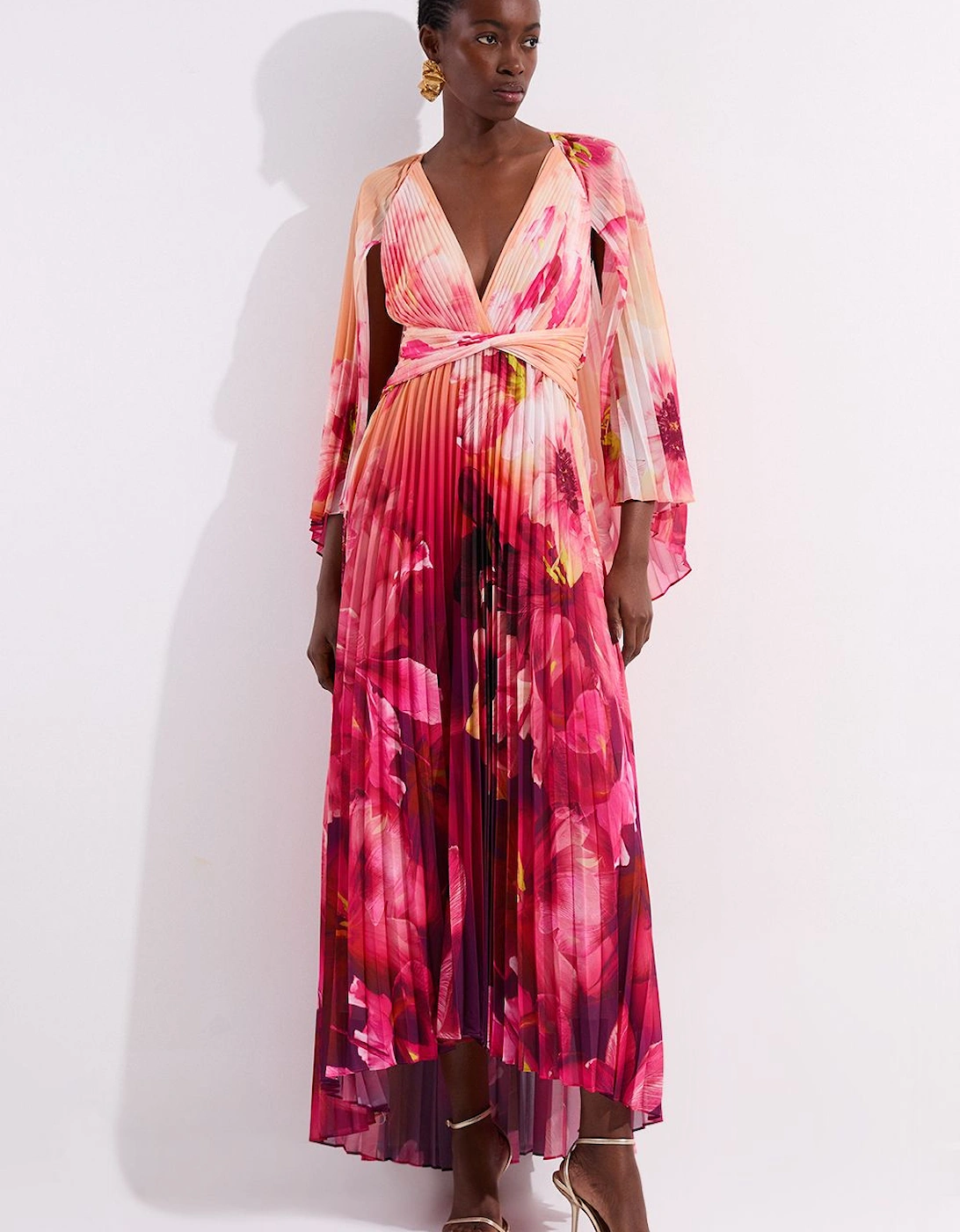 Ombre Floral Soft Pleated Woven Maxi With Cape Detail, 2 of 1