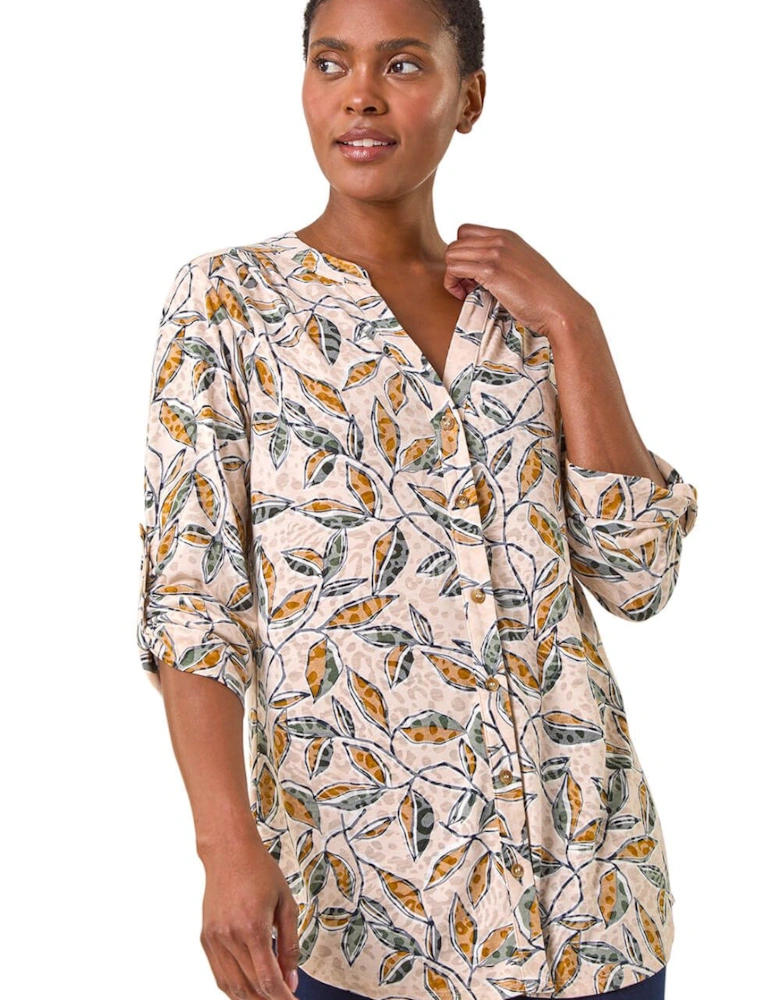 Button Detail Leaf Print Blouse