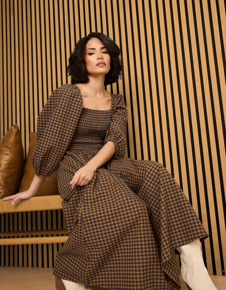 Petite Gingham Puff Sleeve Midi Dress