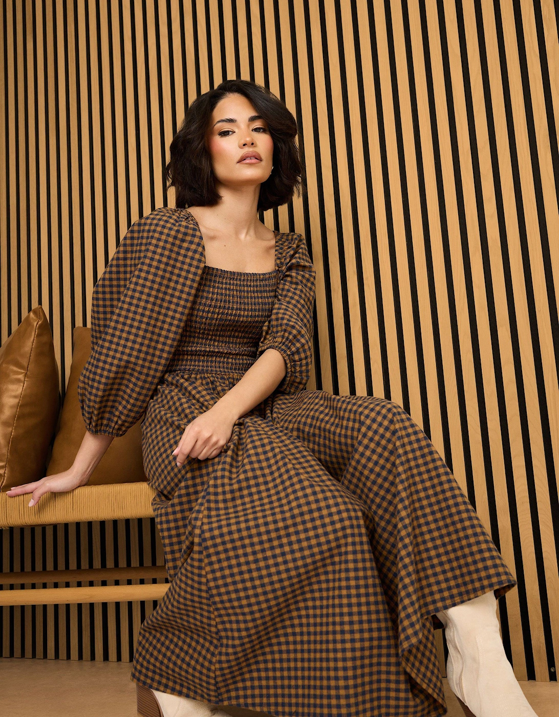 Petite Gingham Puff Sleeve Midi Dress, 2 of 1