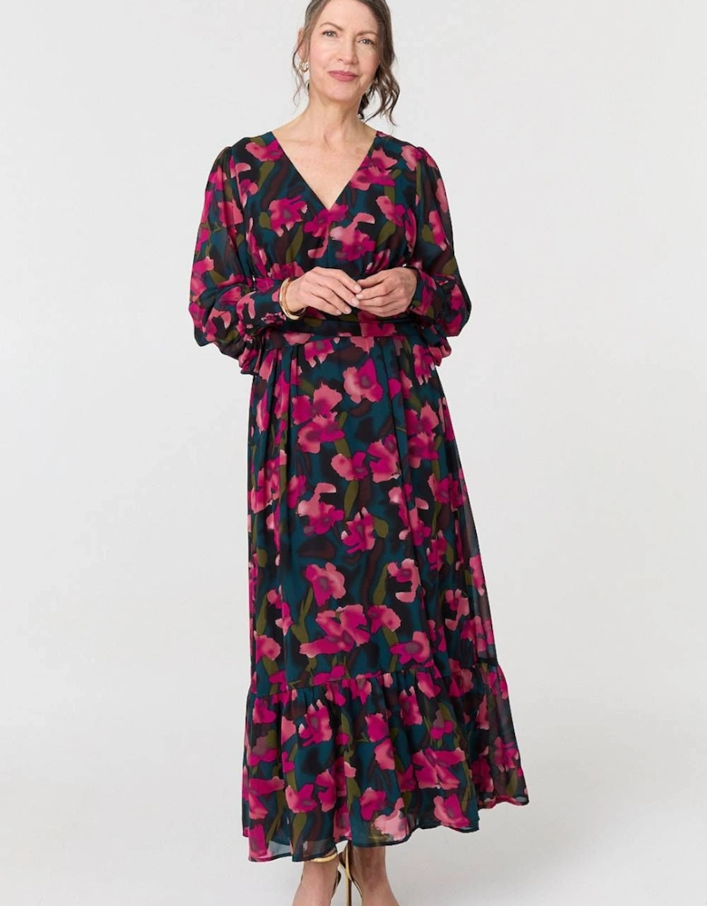 Floral Ruched Long Sleeve Maxi Dress