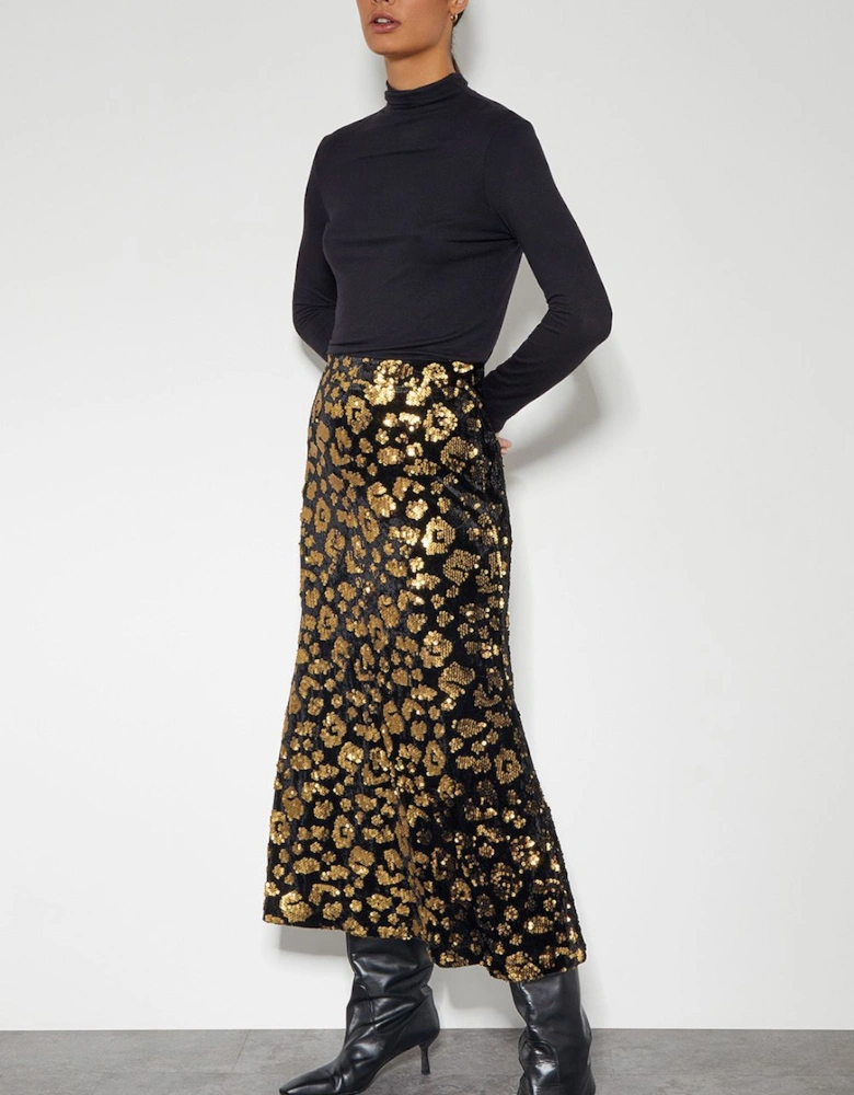Arwen Sequin Leopard Velvet Midi Skirt Black