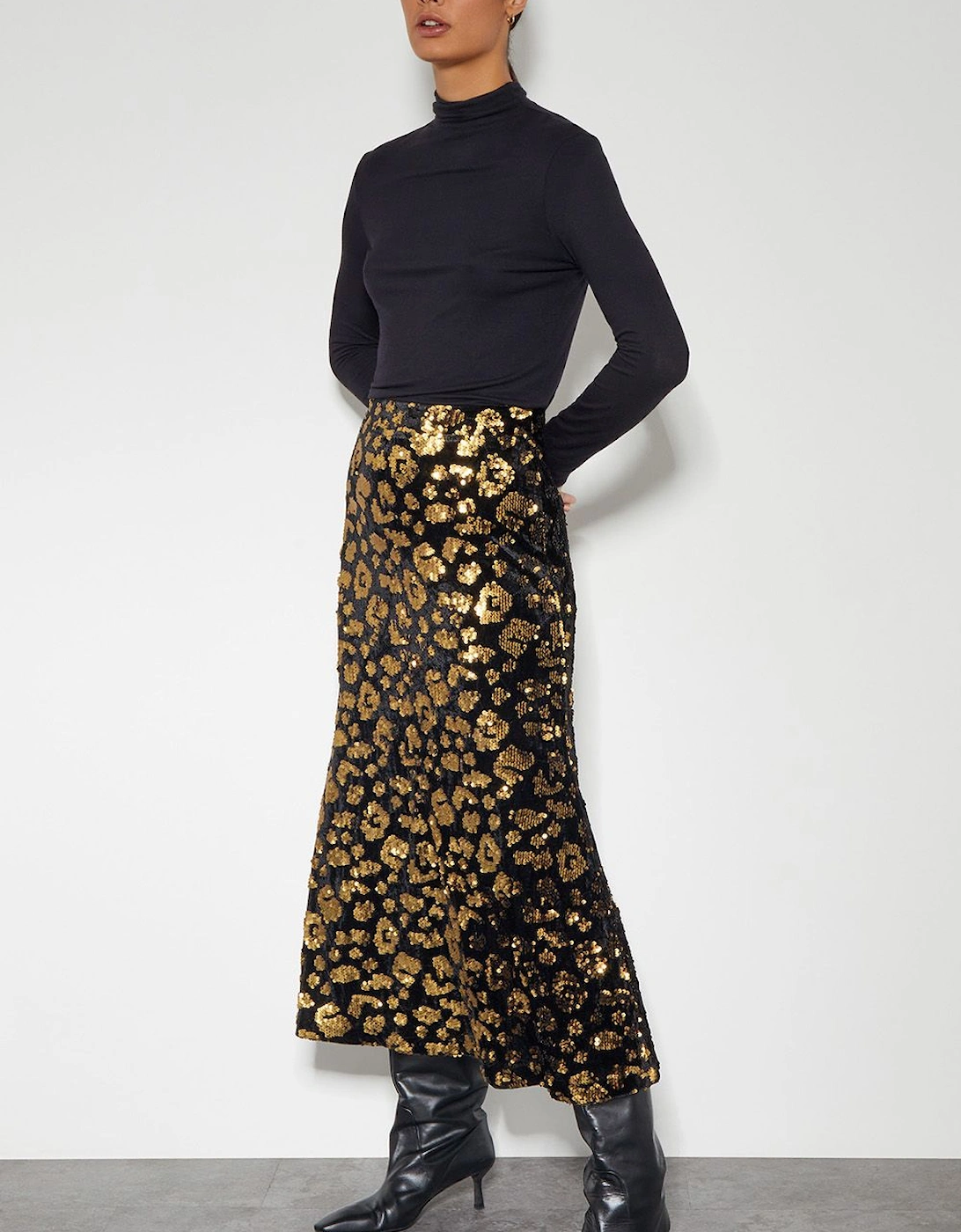 Arwen Sequin Leopard Velvet Midi Skirt Black, 2 of 1