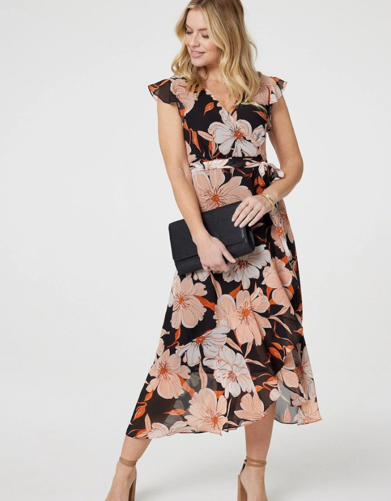 Floral Frill Asymmetric Wrap Midi Dress