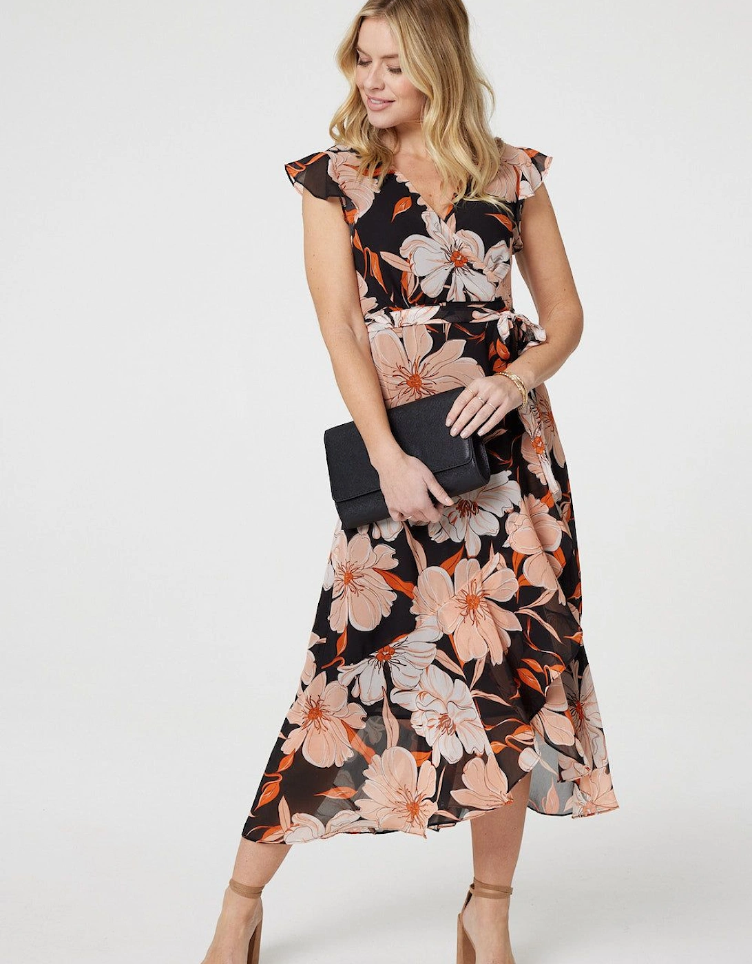 Floral Frill Asymmetric Wrap Midi Dress, 2 of 1