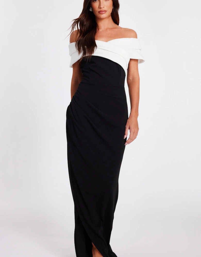 Black Pleated Bardot Maxi Dress