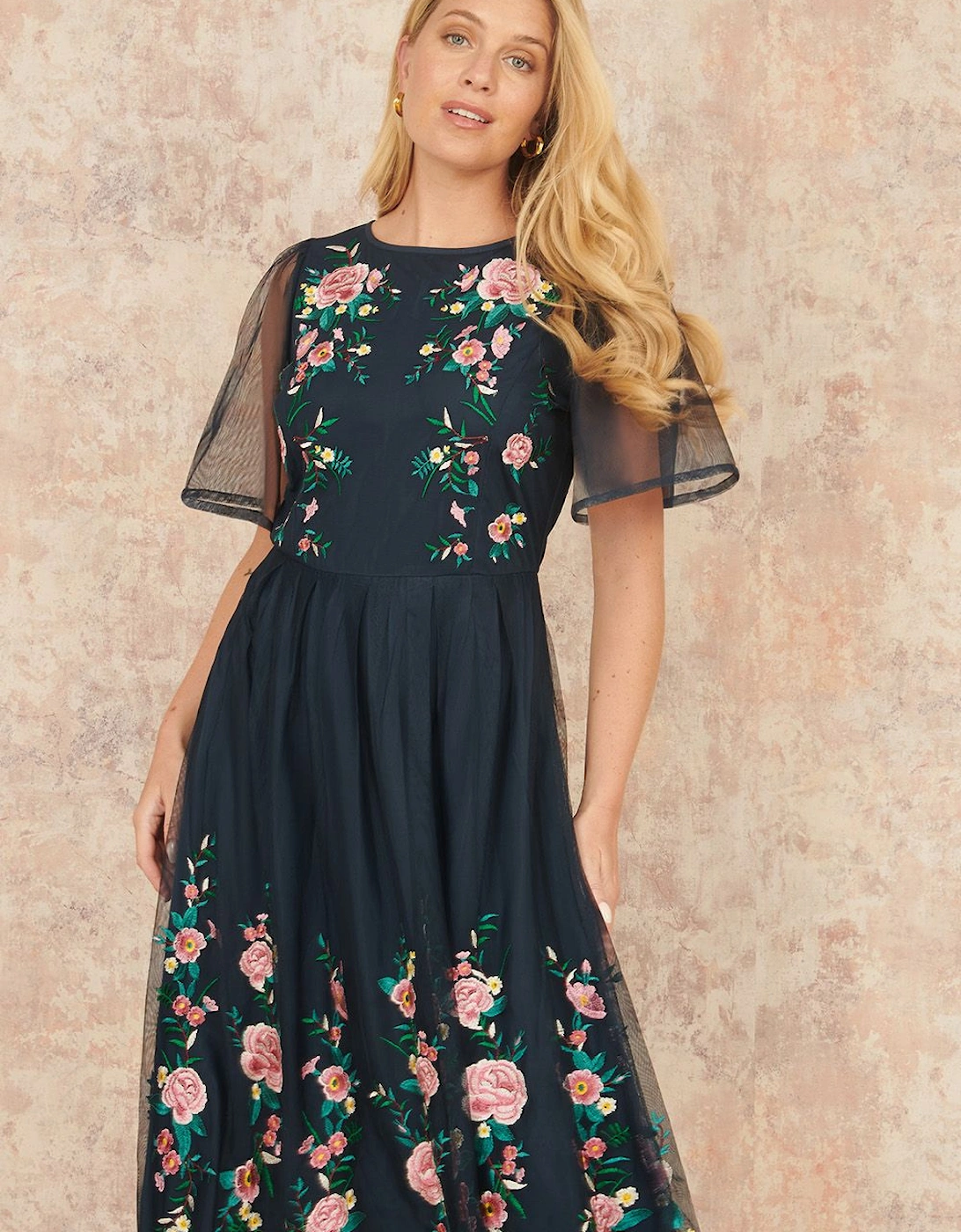 Navy Embroidered Short Mesh Sleeve Prom Skater Dress, 2 of 1