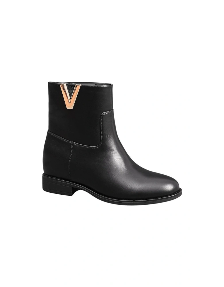 Almond Toe V-shaped Gold Ornament Zip Closure Fur Lining Interior Flat Ankle Boots