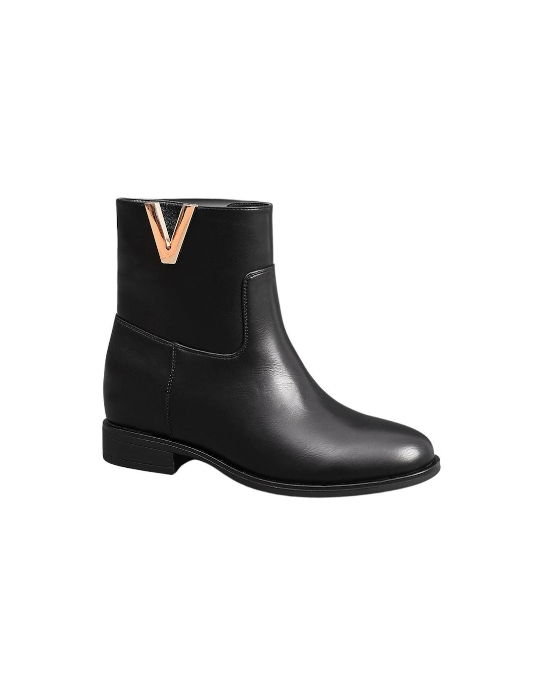 Almond Toe V-shaped Gold Ornament Zip Closure Fur Lining Interior Flat Ankle Boots, 2 of 1
