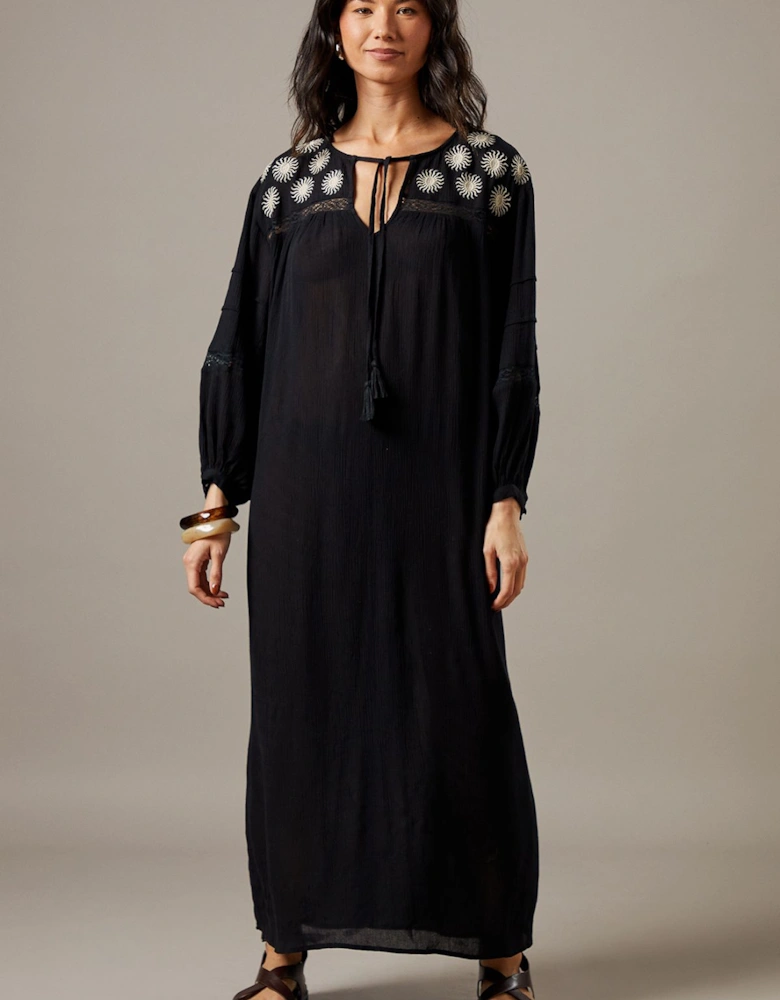Cheesecloth Embroidered Trim Insert Midi Smock Dress