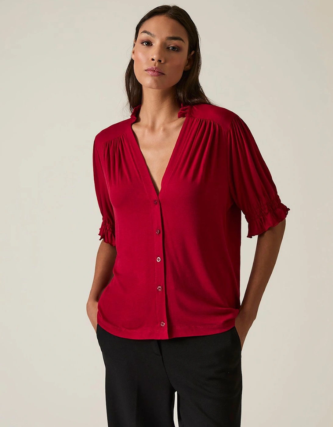 Burgundy V-neck Jersey Blouse, 2 of 1