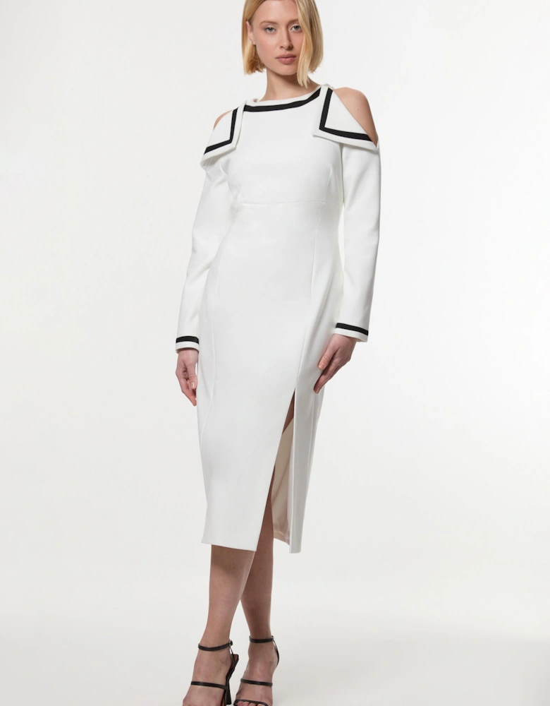 Compact Stretch Contrast Tipped Bardot Tailored Midi Dress