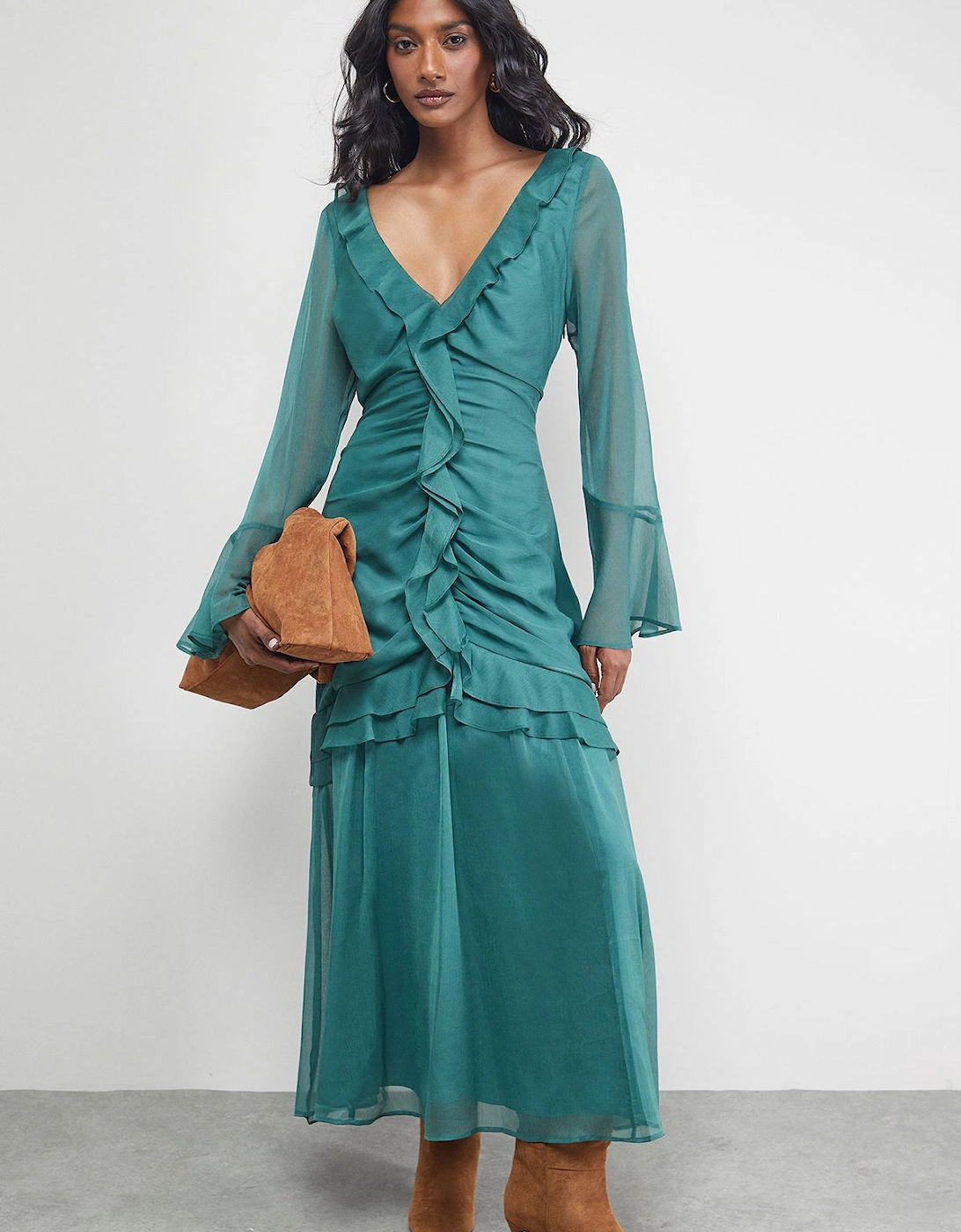 Chiffon Ruffle Gathered Bodice Midi Dress, 2 of 1