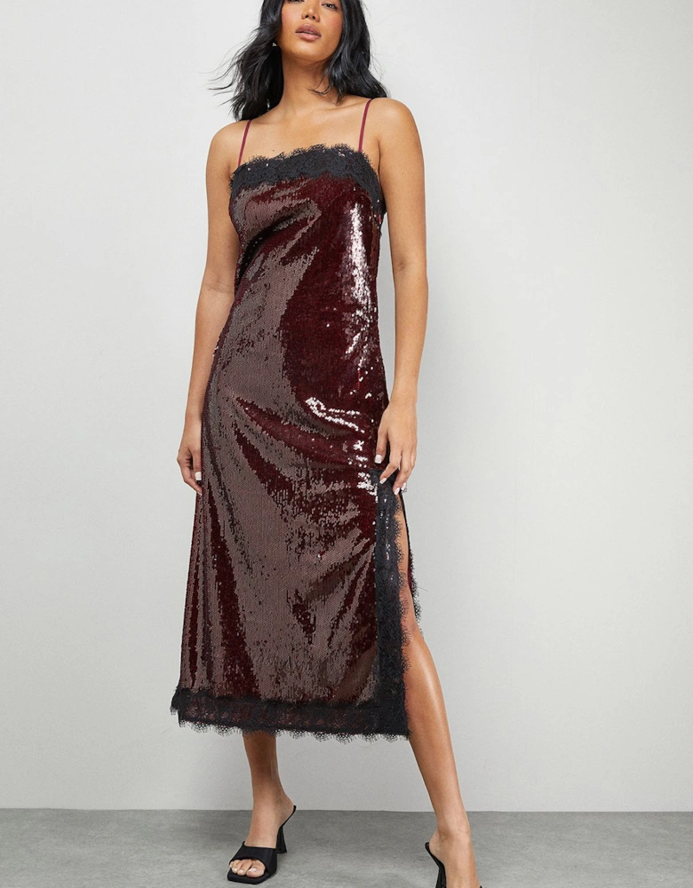 Sequin Lace Trim Square Neck Midi Slip Dress