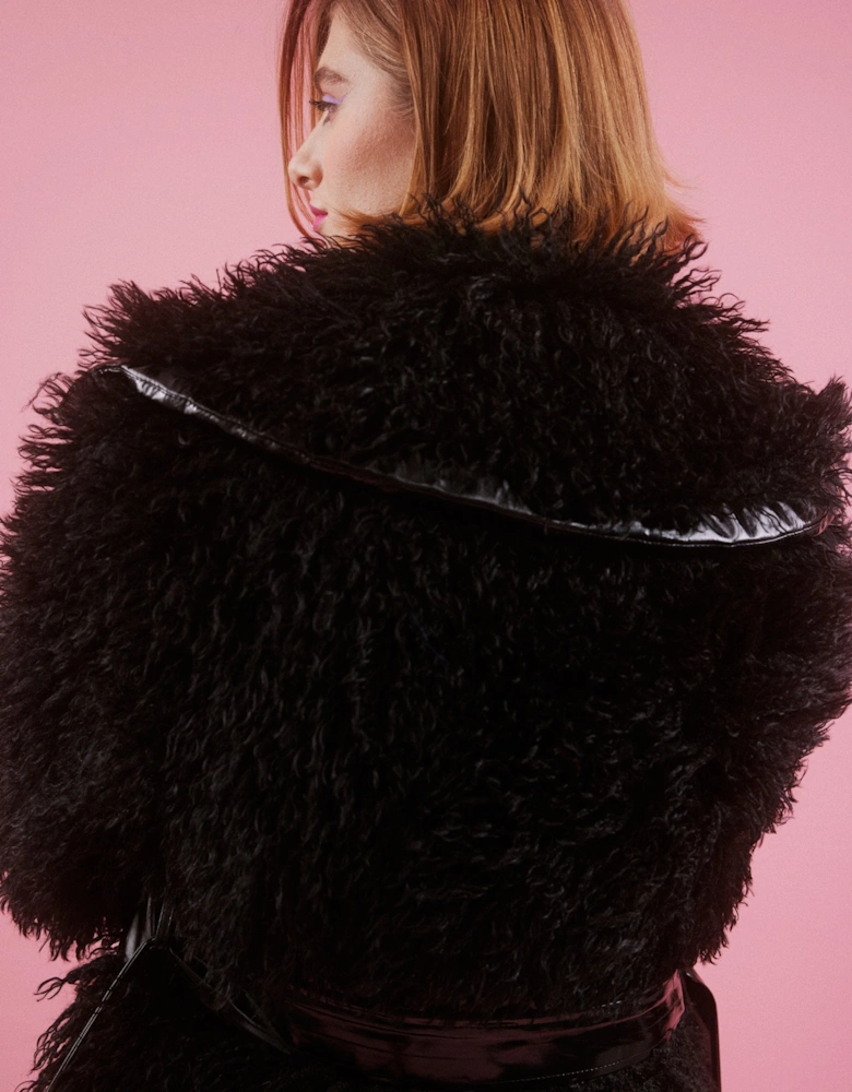 Black Knitted Bamboo and Eco Leather Shearling Coat