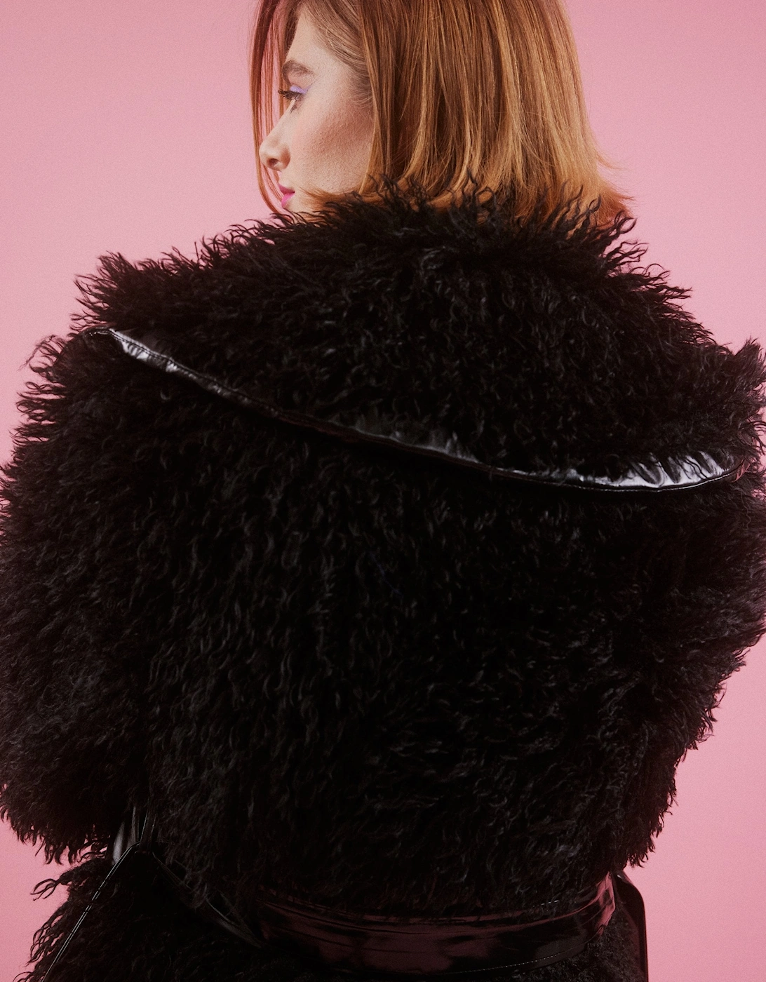 Black Knitted Bamboo and Eco Leather Shearling Coat