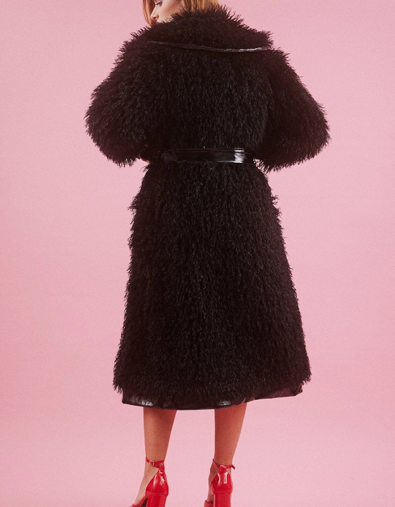Black Knitted Bamboo and Eco Leather Shearling Coat