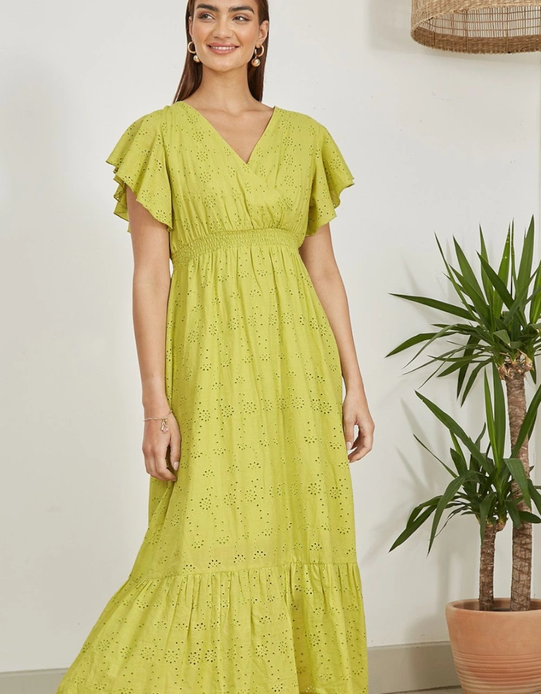 Lime Cotton Broderie Anglaise Wrap Midi Dress