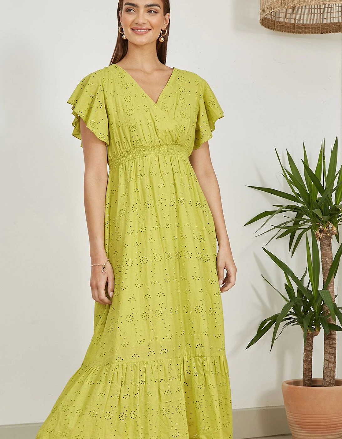 Lime Cotton Broderie Anglaise Wrap Midi Dress, 2 of 1