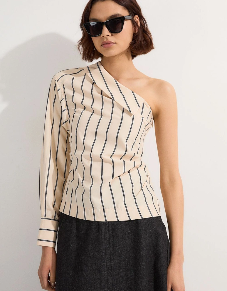 Cotton Stripe Belted Woven One Shoulder Top