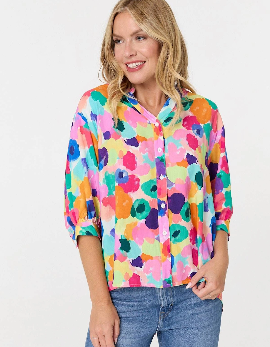 Abstract 3/4 Sleeve Curve Hem Blouse, 2 of 1