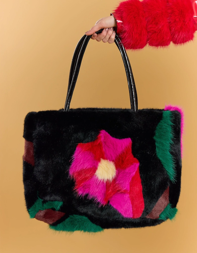 Black Handmade Bamboo Floral Faux Fur Bag